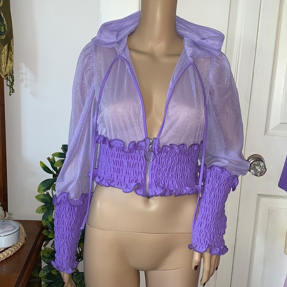 Y2K Custom purple Sheer mesh chiffon Sexy Hooded jacket top M - Picture 7 of 15